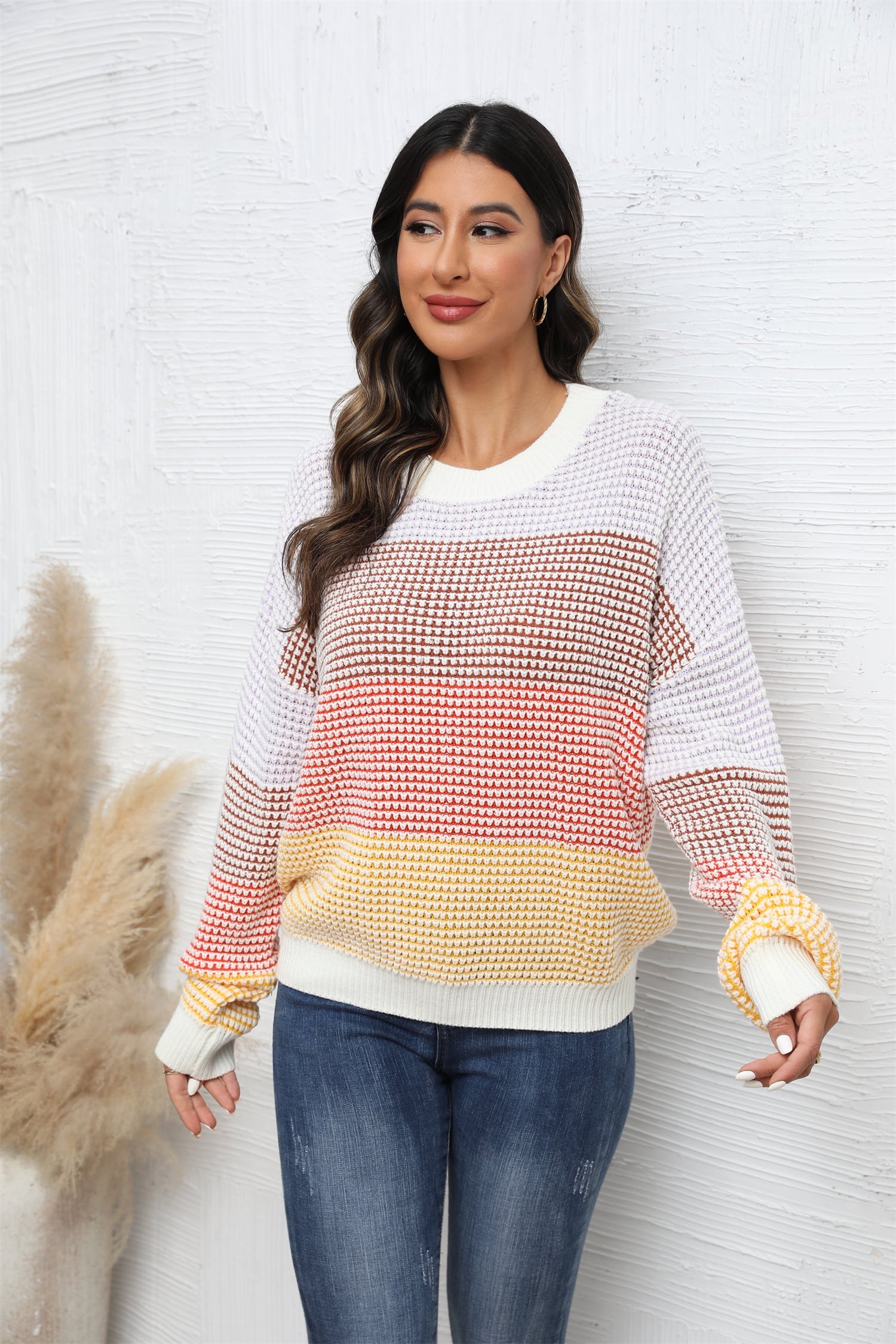 Waffle Knit Round Neck Dropped Shoulder Color Block Sweater