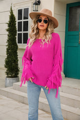 Ribbed Round Neck Fringe Detail Sweater - Trendsi