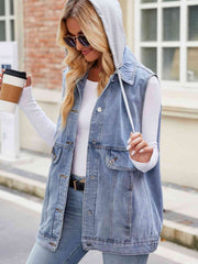 Drawstring Hooded Sleeveless Denim Jacket - Flyclothing LLC