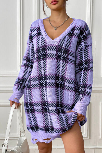 Plaid V-Neck Long Sleeve Sweater Dress - Flyclothing LLC