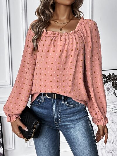 Swiss Dot Square Neck Flounce Sleeve Blouse - Flyclothing LLC