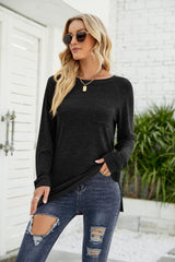 Heathered Slit Long Raglan Sleeve Top - Trendsi