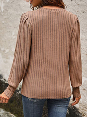 Ribbed Round Neck Long Sleeve T-Shirt - Flyclothing LLC