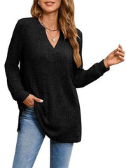 Slit Notched Pocketed Long Sleeve T-Shirt - Flyclothing LLC