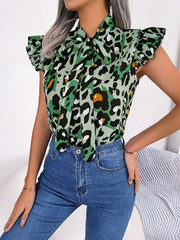 Leopard Tie Neck Cap Sleeve Blouse - Flyclothing LLC