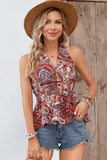 Printed Halter Neck Smocked Peplum Top - Trendsi