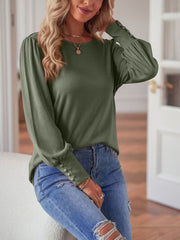 Round Neck Lantern Sleeve Blouse - Flyclothing LLC