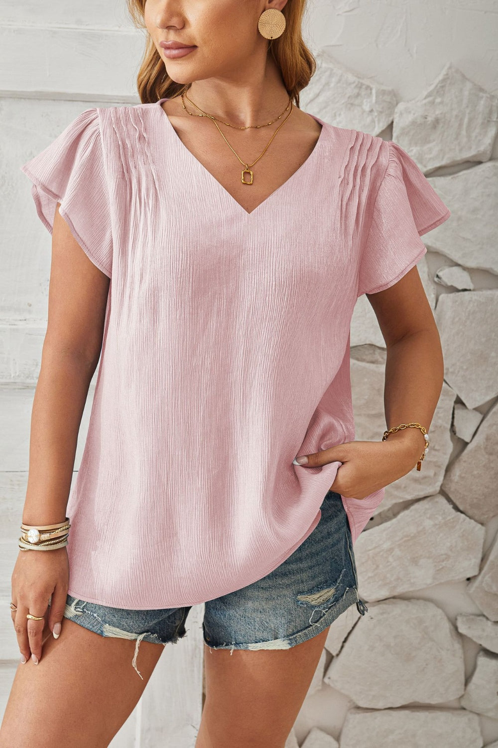 V-Neck Flutter Sleeve T-Shirt - Flyclothing LLC