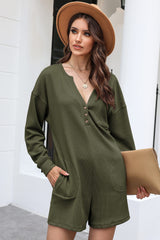 Notched Neck Long Sleeve Romper - Flyclothing LLC