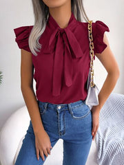 Tie  Neck Cap Sleeve Blouse - Flyclothing LLC