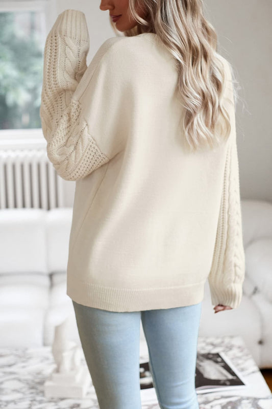 Cable-Knit Round Neck Drop Shoulder Sweater - Flyclothing LLC