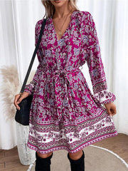 Floral Tie Neck Balloon Sleeve Dress - Flyclothing LLC