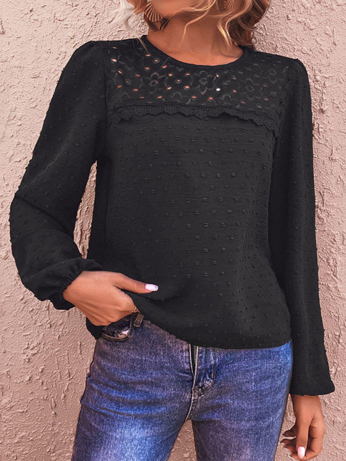 Swiss Dot Lace Trim Long Sleeve Blouse - Flyclothing LLC