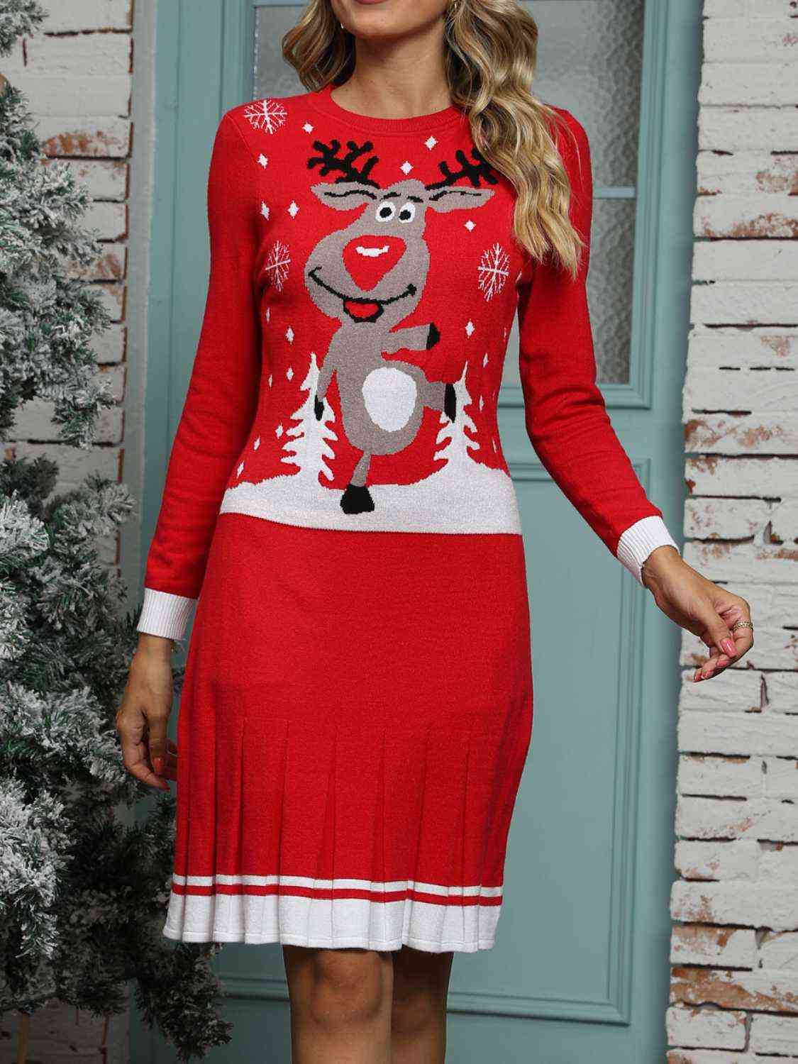 MERRY CHRISTMAS Graphic Pleated Sweater Dress - Flyclothing LLC