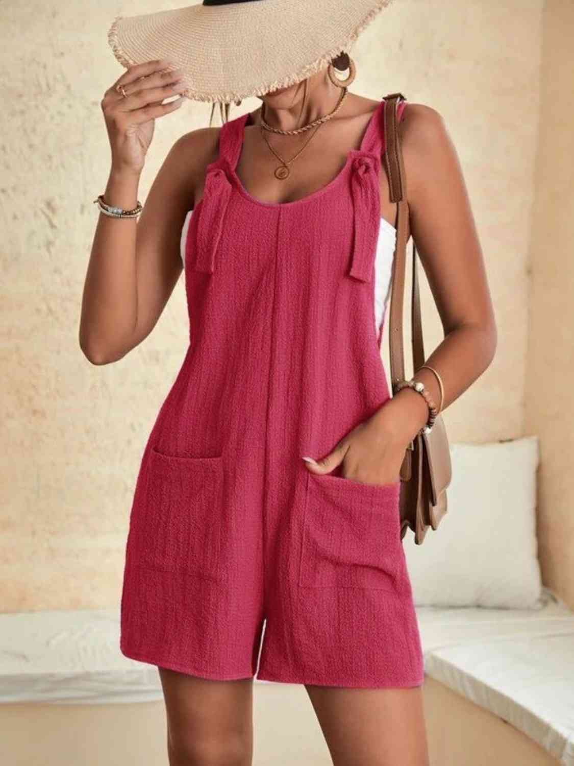 Full Size Scoop Neck Romper with Pockets - Trendsi