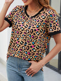 Leopard Round Neck Short Sleeve Tee Shirt - Trendsi