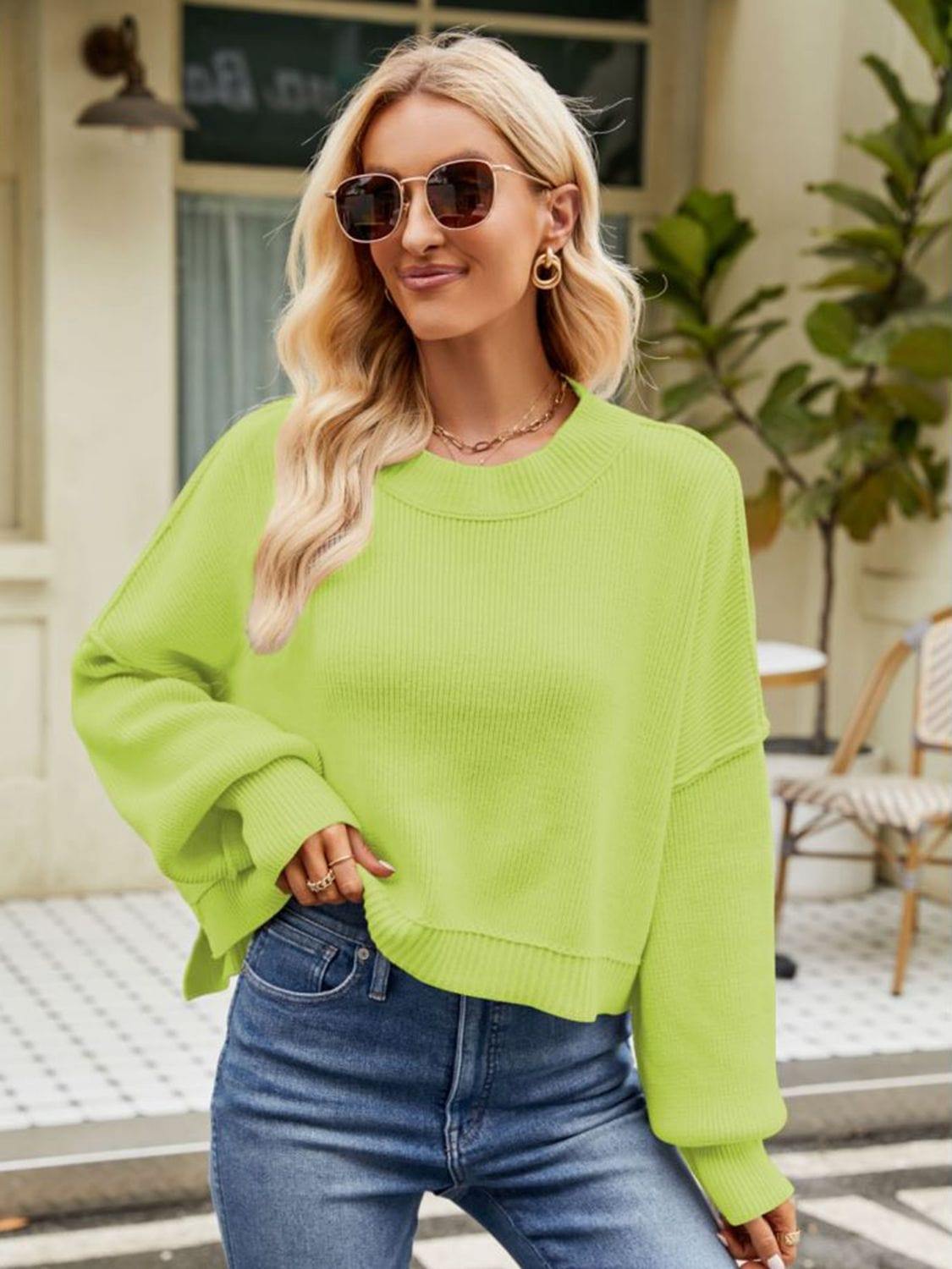 Round Neck Dropped Shoulder Sweater - Flyclothing LLC