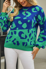 Leopard Round Neck Dropped Shoulder Sweater - Flyclothing LLC