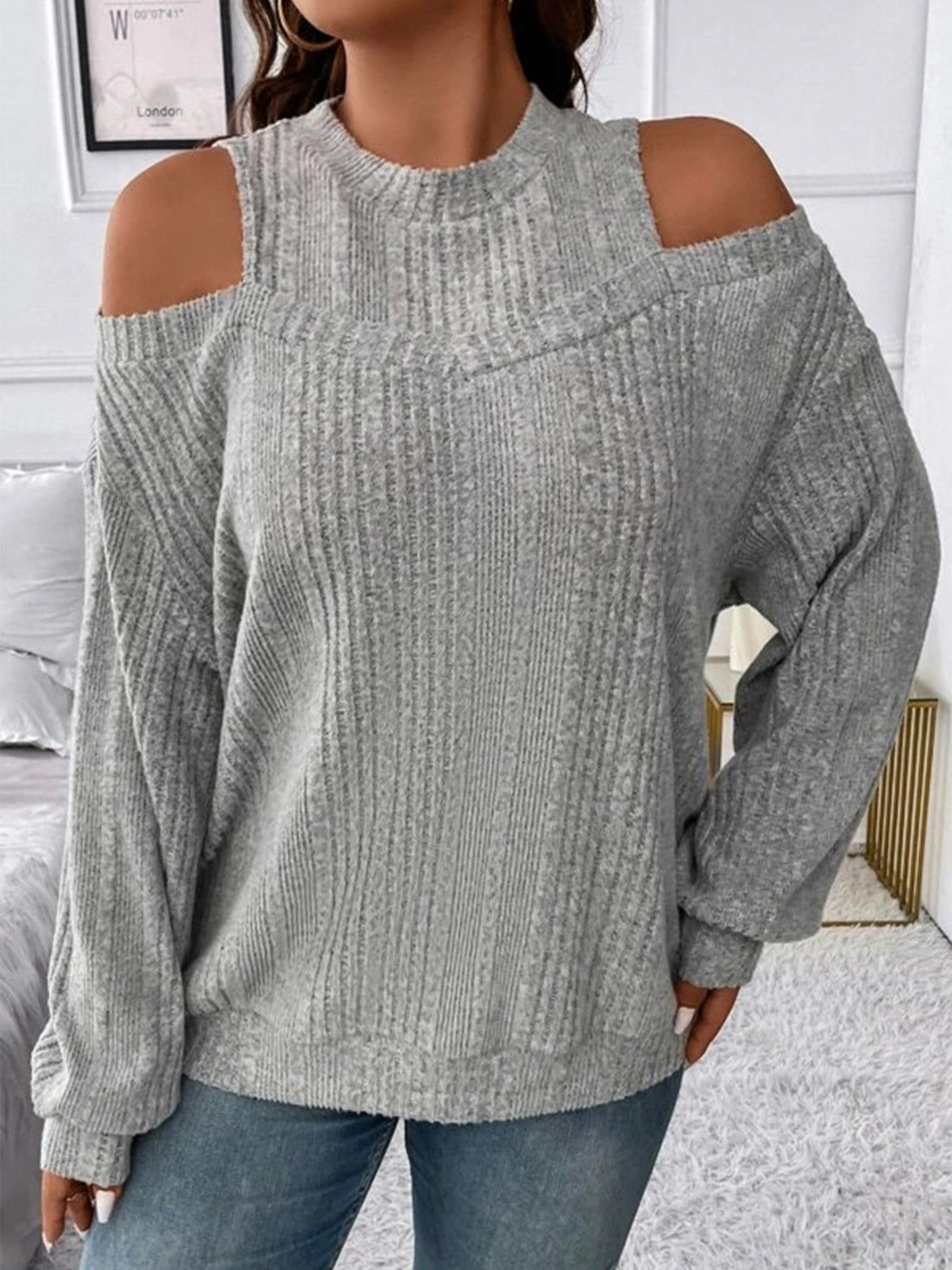 Round Neck Cold Shoulder Sweater - Flyclothing LLC