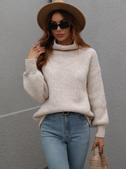 High Neck Balloon Sleeve Rib-Knit Pullover Sweater - Flyclothing LLC