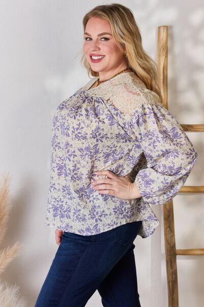 Hailey & Co Full Size Lace Detail Printed Blouse - Flyclothing LLC