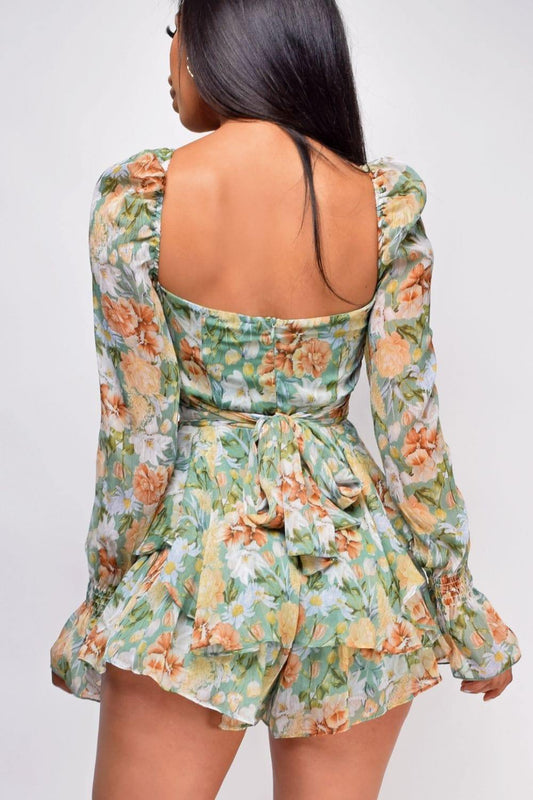 Floral Sweetheart Neck Flounce Sleeve Romper - Trendsi