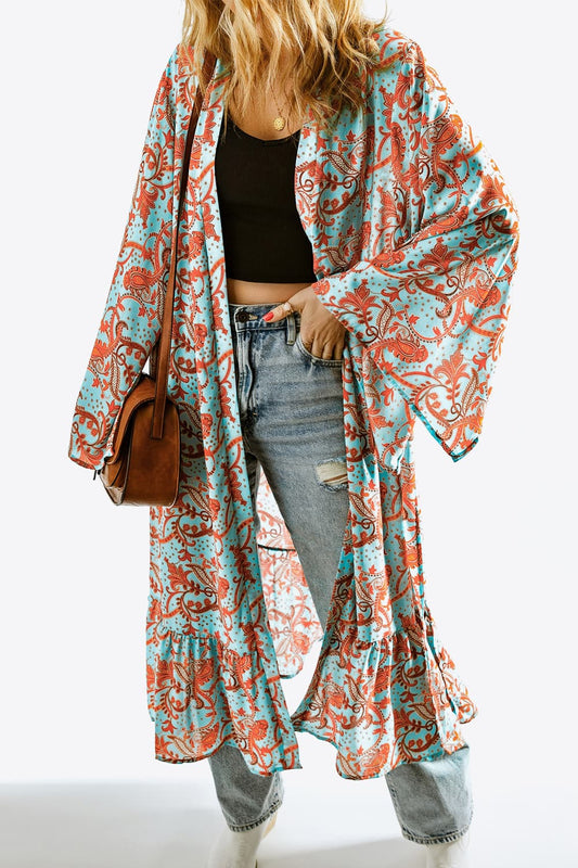 Printed Open Front Duster Cardigan - Flyclothing LLC