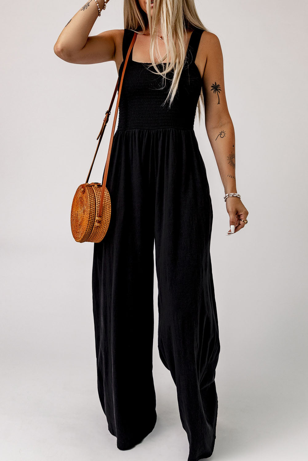 Smocked Square Neck Wide Leg Jumpsuit with Pockets - Flyclothing LLC