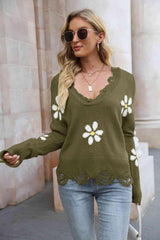 Flower Distressed Long Sleeve Sweater - Flyclothing LLC