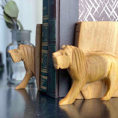 Carved Wood Lion Book Ends, Set of 2 - Jedando