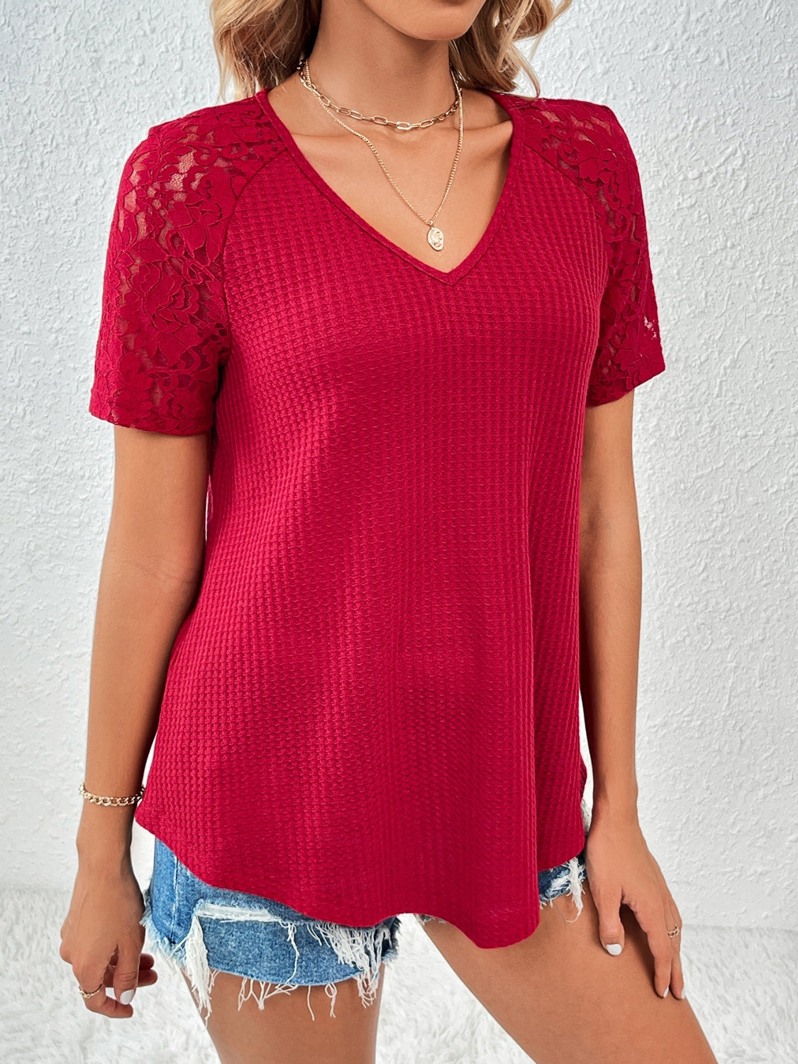 Lace Detail V-Neck Short Sleeve T-Shirt - Flyclothing LLC