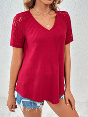 Lace Detail V-Neck Short Sleeve T-Shirt - Flyclothing LLC