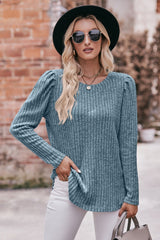 Round Neck Puff Sleeve Ribbed Top - Flyclothing LLC