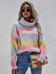 Rainbow Rib-Knit Turtleneck Drop Shoulder Sweater - Flyclothing LLC