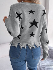 Star Pattern Distressed V-Neck Cropped Sweater - Flyclothing LLC