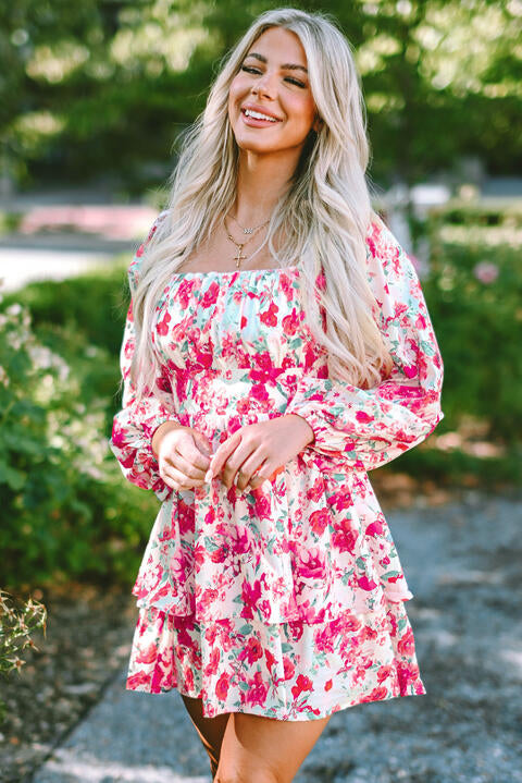 Floral Square Neck Layered Dress - Flyclothing LLC