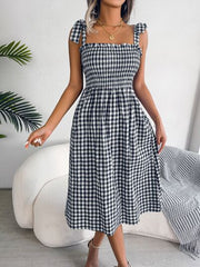 Frill Plaid Square Neck Midi Dress - Flyclothing LLC