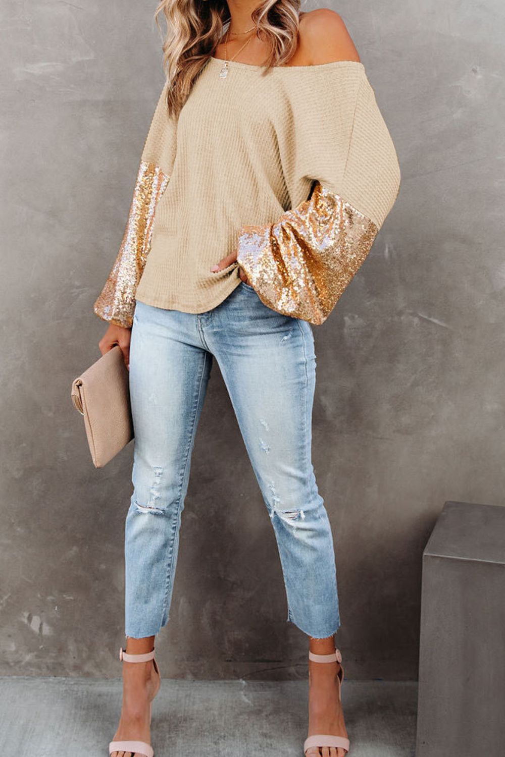 Sequin Waffle-Knit Blouse