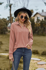 Collared Neck Cable-Knit Long Sleeve Blouse - Flyclothing LLC