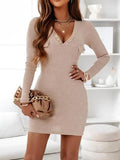 V-Neck Long Sleeve Ribbed Dress - Flyclothing LLC