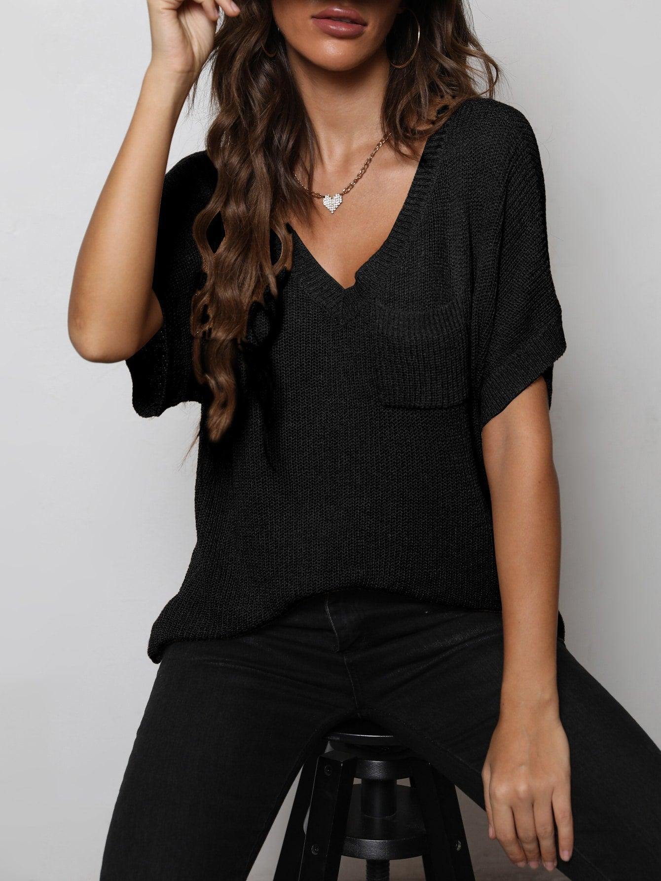 V-Neck Slit High-Low Knit Top - Flyclothing LLC