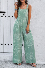 Printed Wide Strap Jumpsuit with Pockets - Flyclothing LLC