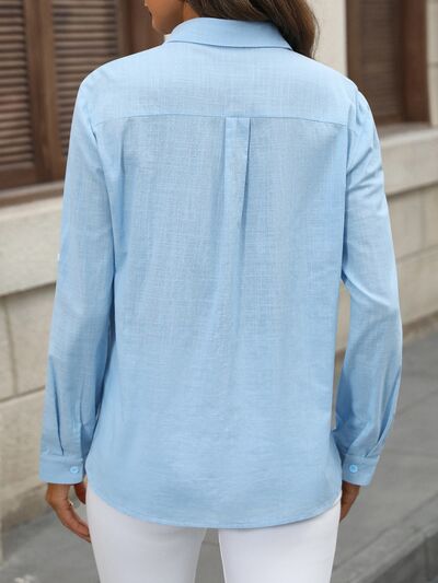 Button Up Pocketed Long Sleeve Shirt - Flyclothing LLC