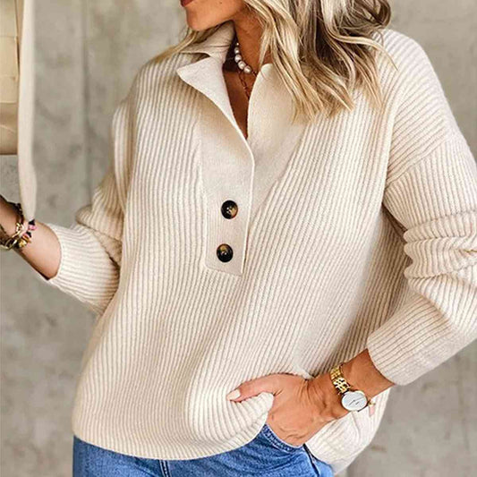 Collared Neck Rib-Knit Top - Trendsi