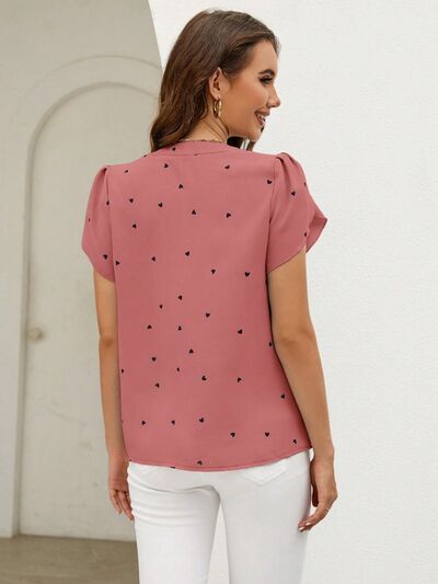 Heart Print Notched Petal Sleeve Blouse - Flyclothing LLC