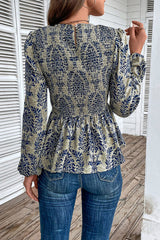 Smocked Printed Balloon Sleeve Blouse - Flyclothing LLC