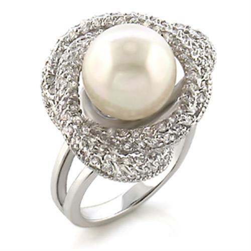 Alamode Rhodium Brass Ring with Synthetic Pearl in White