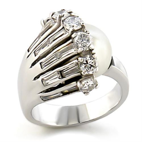 Alamode Rhodium Brass Ring with Synthetic Pearl in White