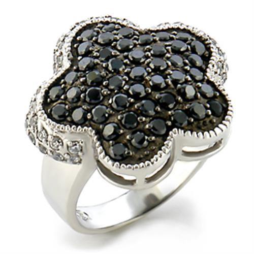 Alamode Rhodium + Ruthenium Brass Ring with AAA Grade CZ in Jet - Alamode