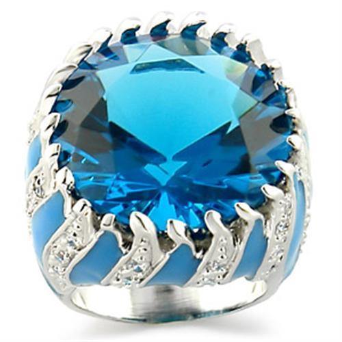 Alamode Rhodium Brass Ring with Synthetic Synthetic Glass in Sea Blue - Alamode